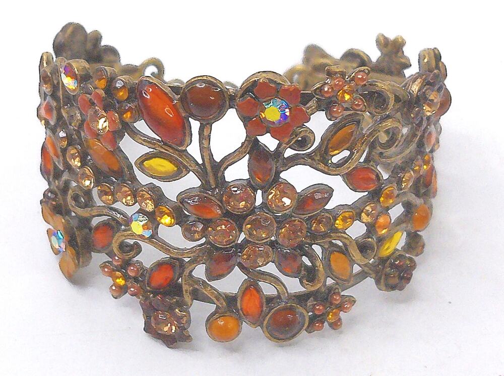 Vtg Rolyn Signed Amber Rhinestone Cuff Bracelet Autumn Floral Filigree Bangle